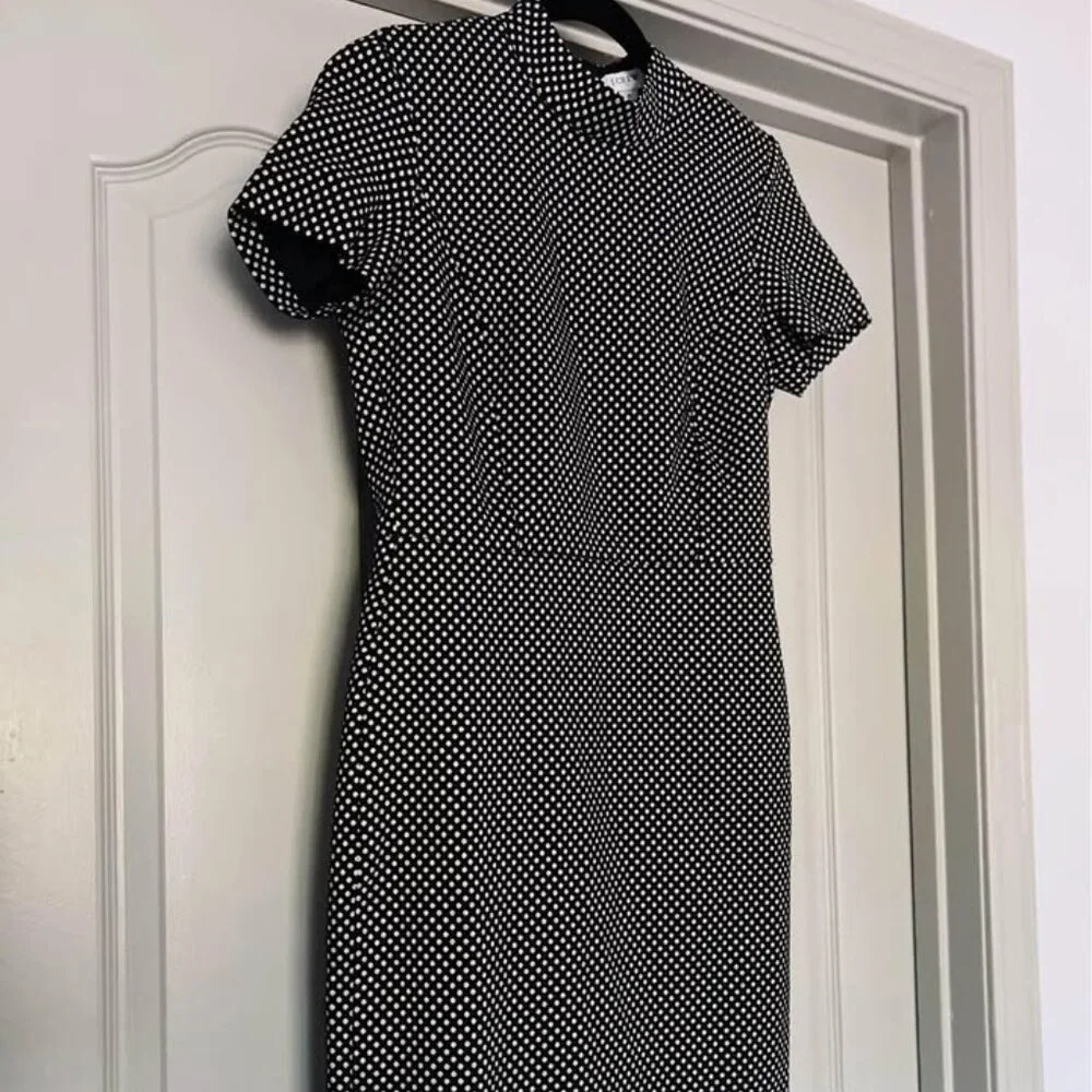 J.Crew Mock Neck Jacquard Sheath Dress Black Metallic Dot Career Cocktail Size 2